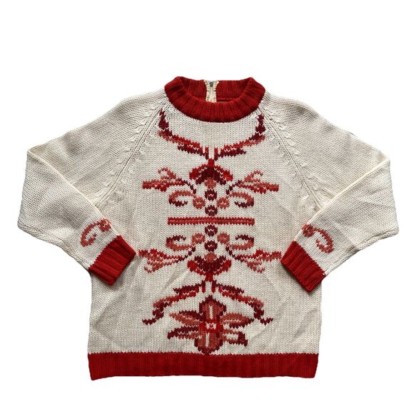 Sweaters - Vintage Red White 100% Wool Sweater Zip Back 70s Large